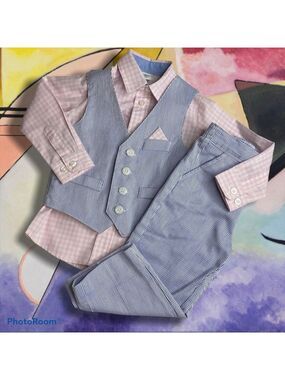 Starting Out Seersucker Gingham Tux Suit Blue White Pink 24 Mo